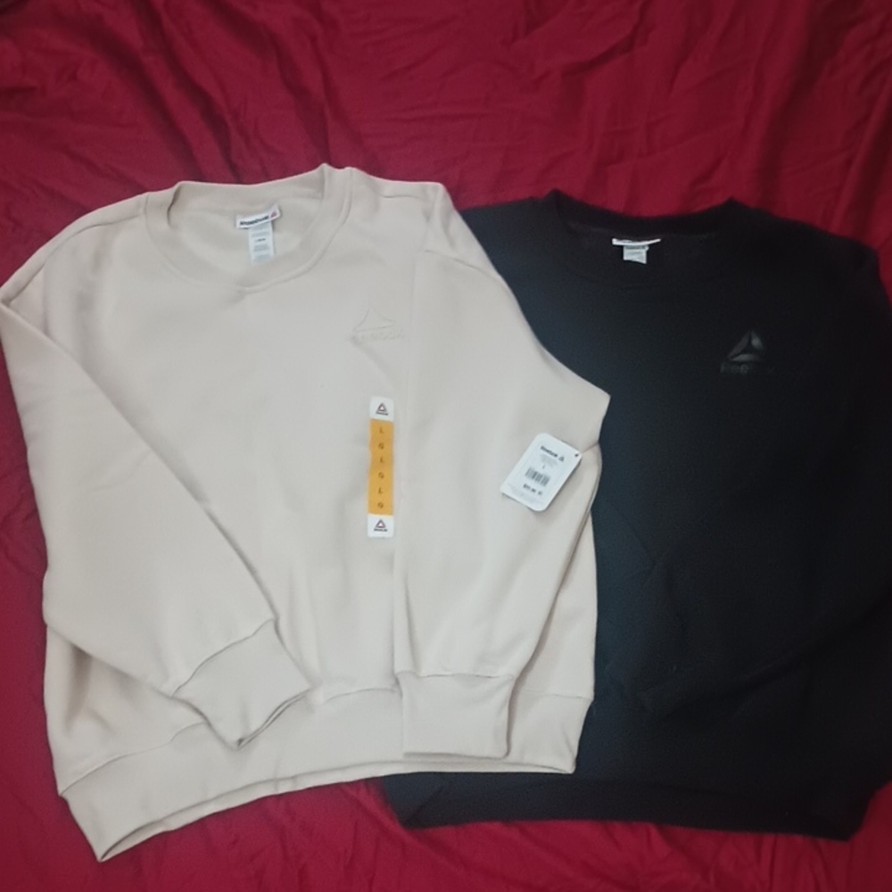 Reebok Women Cream & Black Crewneck Sweatshirts NWT Size L New Comfy Casual Set